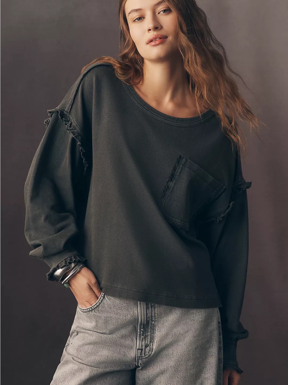 Nwot Pilcro Après Long-Sleeve Ruffled Cotton T-Shirt